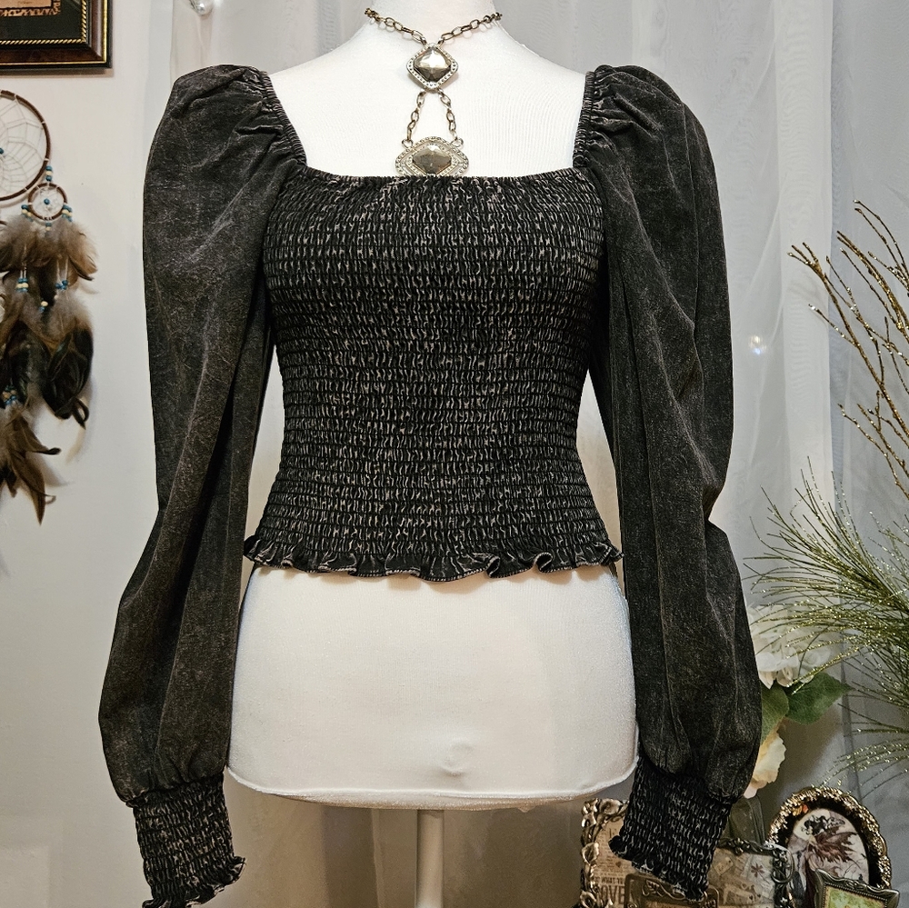 Idem Ditto Acid Washed Black Smocked Balloon Sleeve Top